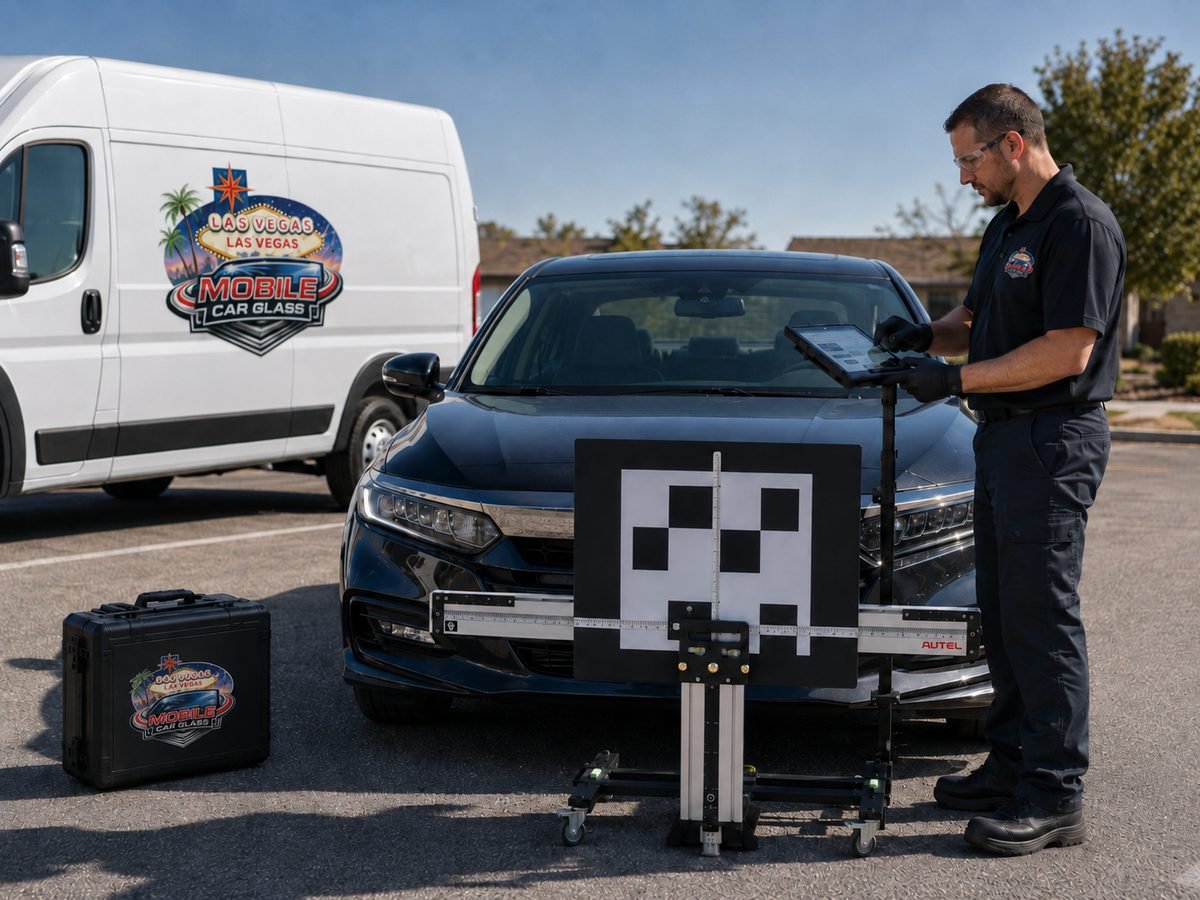 ADAS calibration target board set up in front of a car for camera recalibration