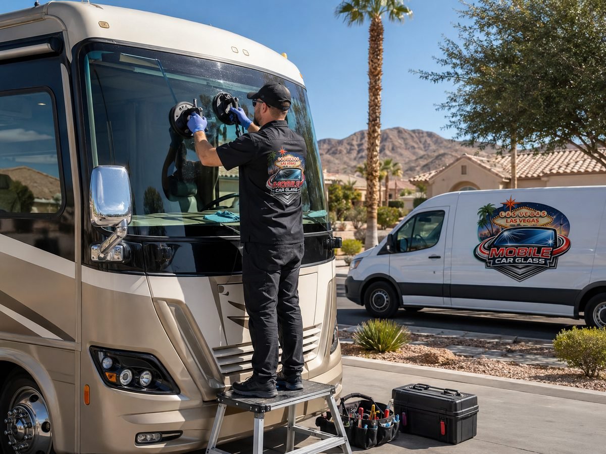 Technician on a platform replacing the windshield of a motorhome