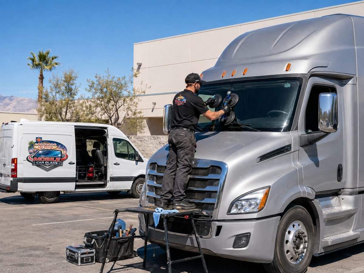 Technician working on the windshield of a semi truck cab